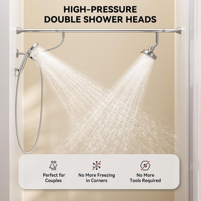 NTPN Dual Shower Head with Handheld for Couples, High Pressure Double Shower Heads for Two People Rod, Two Showerhead System Fit 2 Person, Gifts for Women Men, SPA-Like (Chrome, Segmented Design) - Image 4